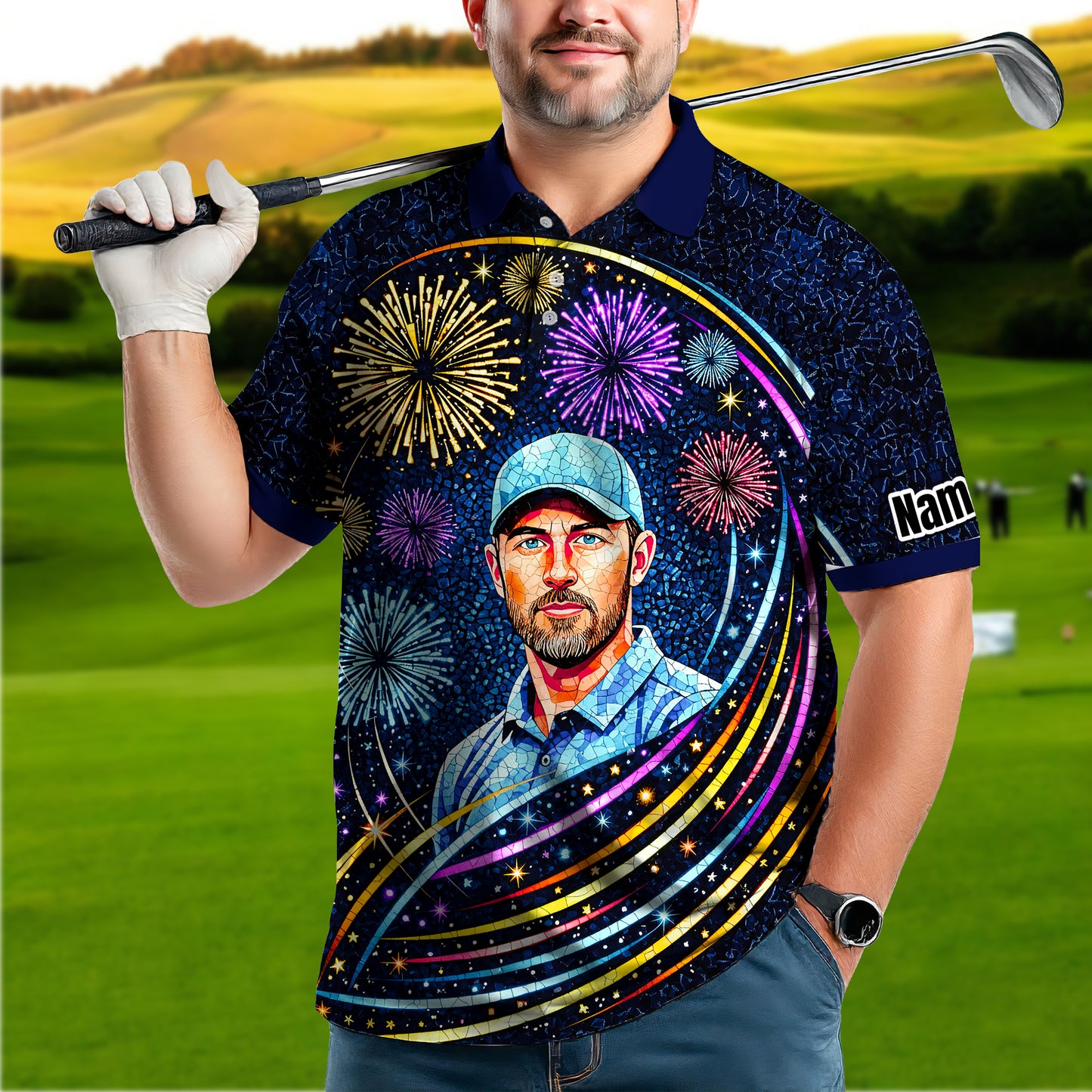 Custom Face Golf Polo Shirt – New Year Fireworks Edition | Personalized Golf Polo | Unique Holiday Gift for Him 2025 Style 4