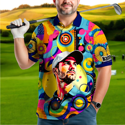HomyGifts Custom Face Polo Shirt – Personalized Abstract Geometric Art Photo Shirt, Unique Gift for Him & Her