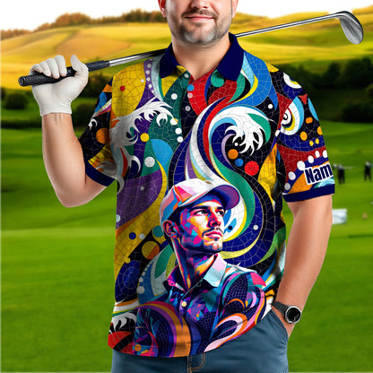 HomyGifts Men's Customized Face Artistic Golf Polo Shirt, Mosaic Art Style, Unique Personalized Golf Polo For Men Style 9