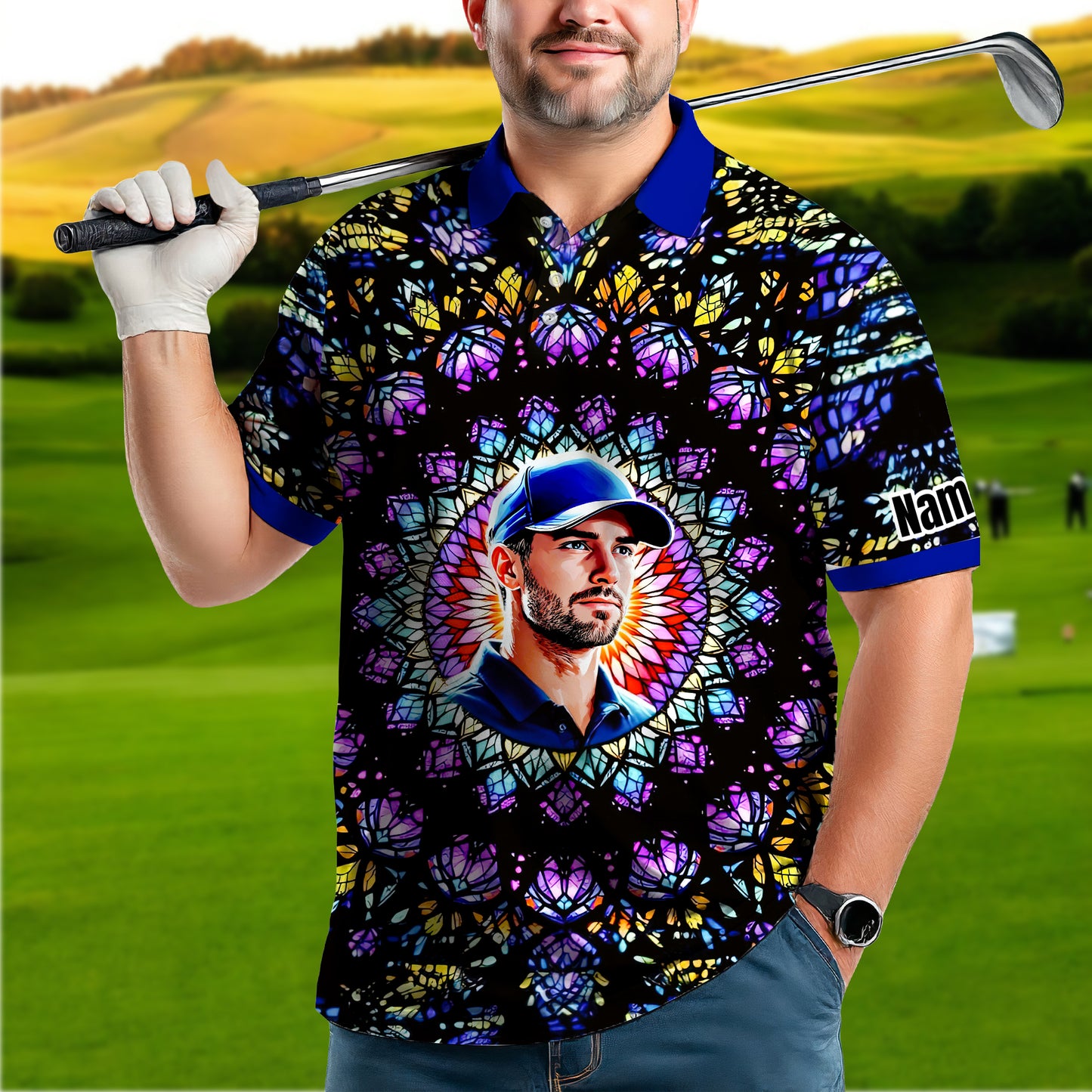 Custom Face Golf Polo Shirt – Personalized Stained Glass Mandala Style Polo, Unique Gift for Men & Women, Vibrant Artistic Golf Shirt, Custom Photo Polo