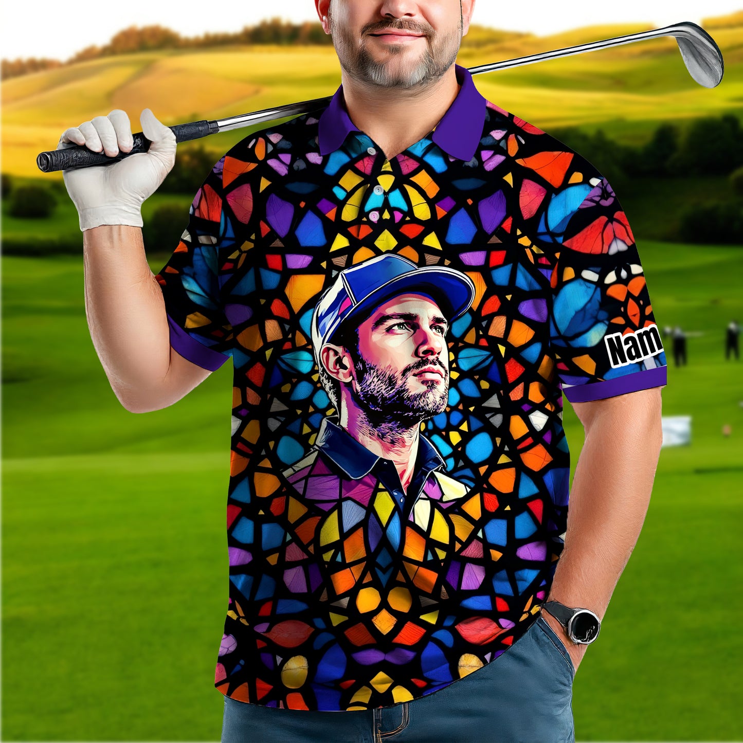 Custom Face Golf Polo Shirt – Personalized Stained Glass Art Shirt, Unique Golf Gift for Him, Colorful Abstract Golf Polo, Custom Sportswear