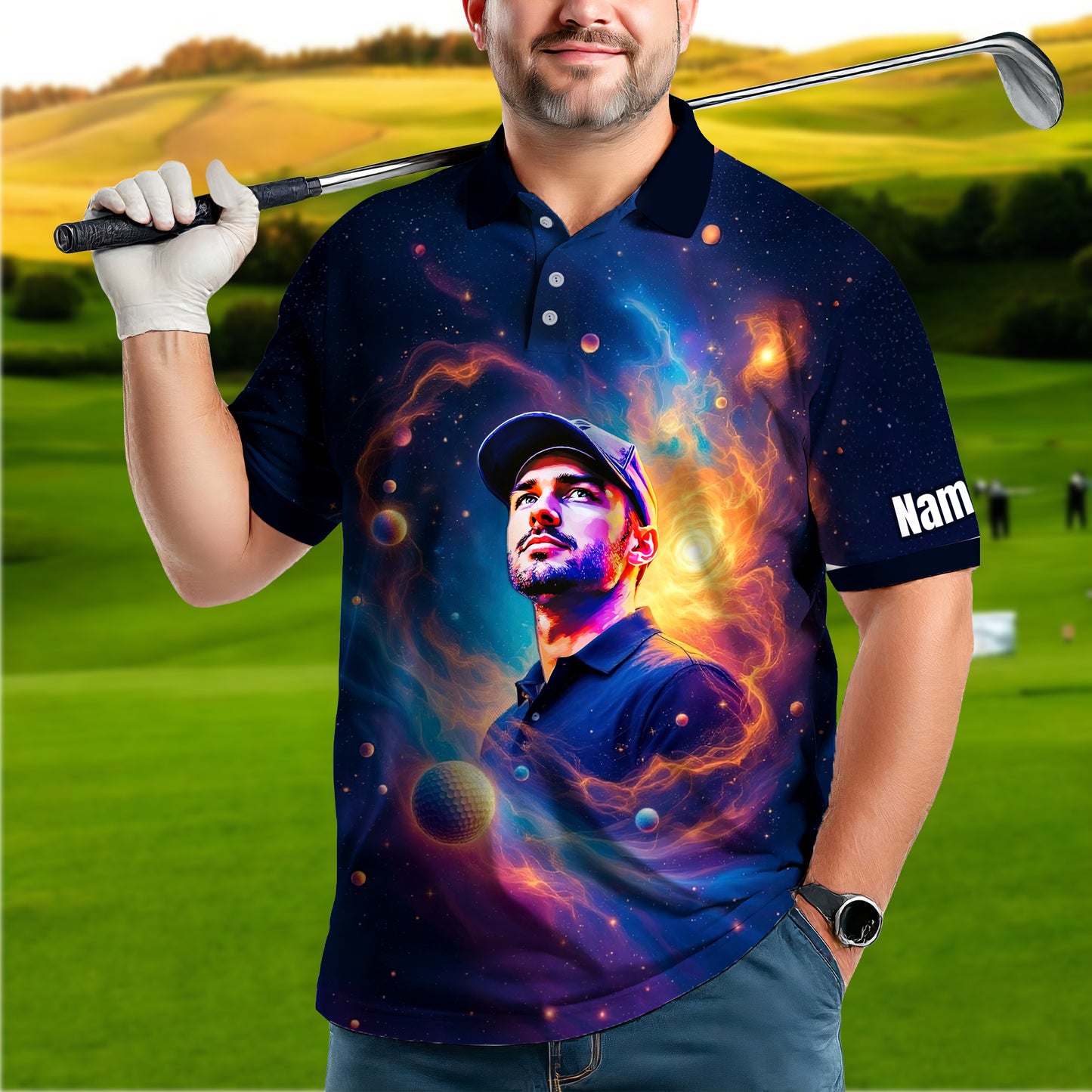 Custom Cosmic Portrait Polo Shirt – Personalized Surreal Galaxy Art with Your Face | Unique Gift for Golfers, Sports & Astrology Fans Style 5