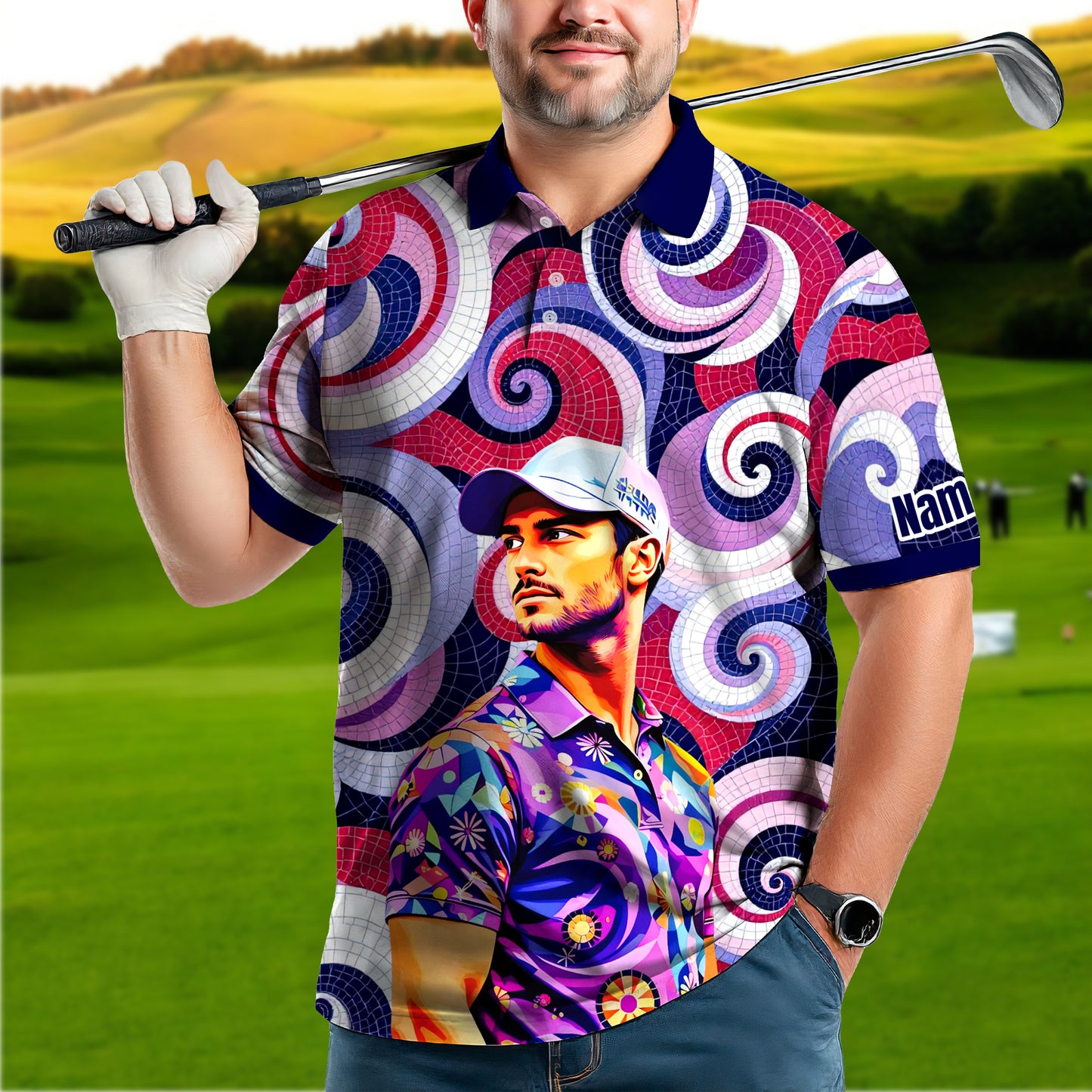 HomyGifts Men's Customized Face Artistic Golf Polo Shirt, Mosaic Art Style, Unique Personalized Golf Polo For Men Style 5