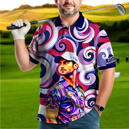 HomyGifts Men's Customized Face Artistic Golf Polo Shirt, Mosaic Art Style, Unique Personalized Golf Polo For Men Style 5