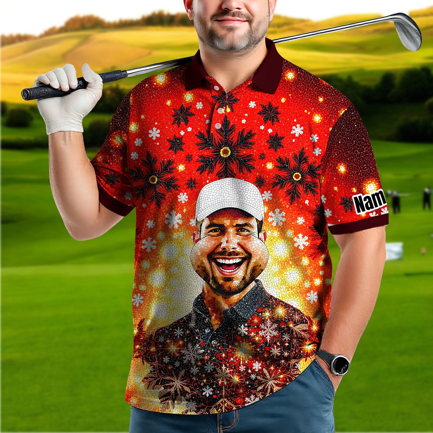 Custom Face Golf Polo Shirt – Personalized Christmas Golf Shirt for Him, Unique Holiday Gift for Golfer, Snowflake Mosaic Art Design Golf Apparel Style 13.3