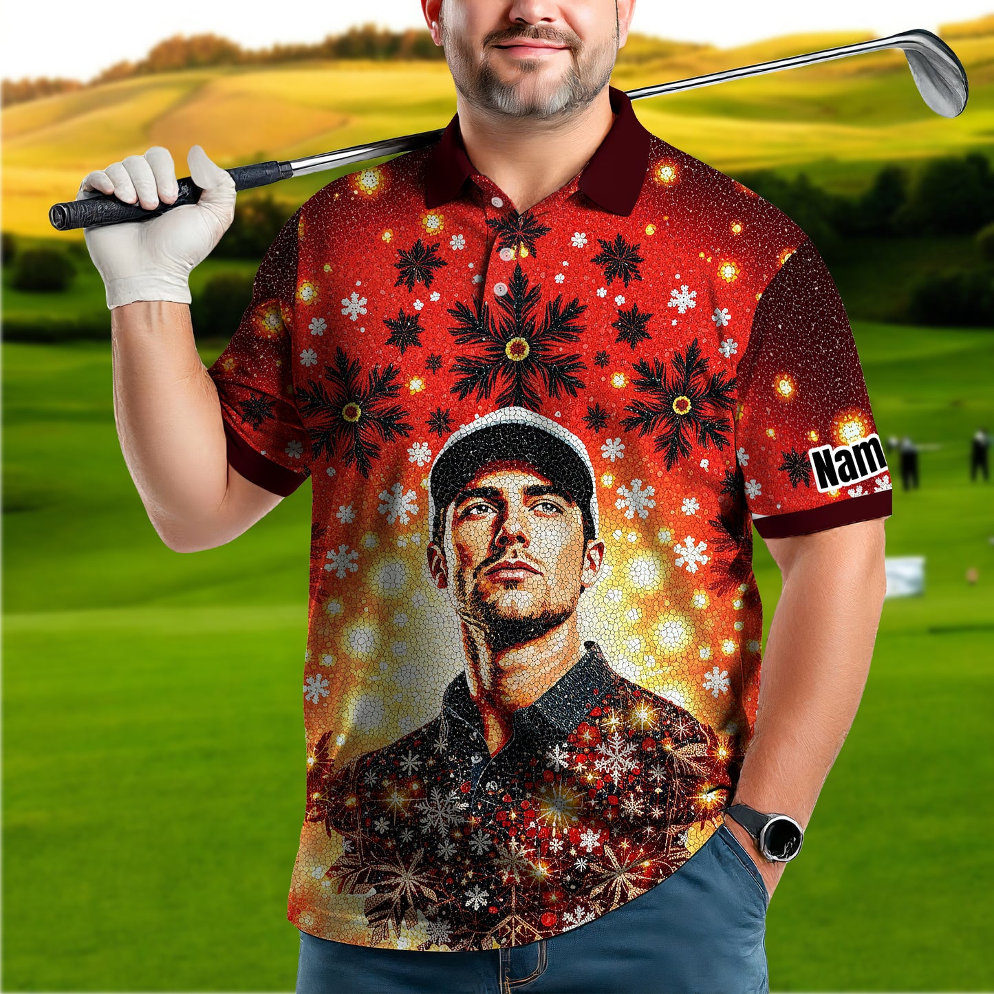 Custom Face Golf Polo Shirt – Personalized Christmas Golf Shirt for Him, Unique Holiday Gift for Golfer, Snowflake Design Golf Apparel Style 13