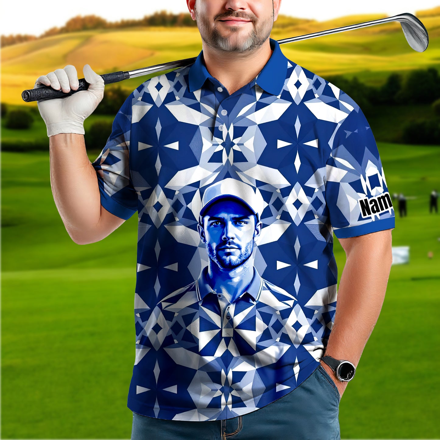 Custom Face Polo Shirt – Geometric Diamond Pattern | Personalized Photo Golf Polo | Unique Gift for Him, Retro Geometric Style Shirt Style 18