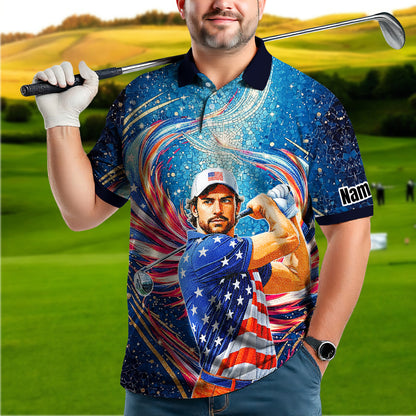 Custom Face Patriotic Golf Polo Shirt – Personalized USA Flag Design – American Pride Gift for Him – Mosaic Art Golf Shirt Style 8