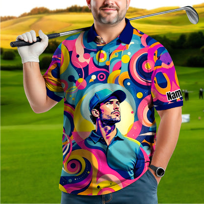 HomyGifts Custom Face Polo Shirt – Personalized Abstract Geometric Art Photo Shirt, Unique Gift for Him & Her