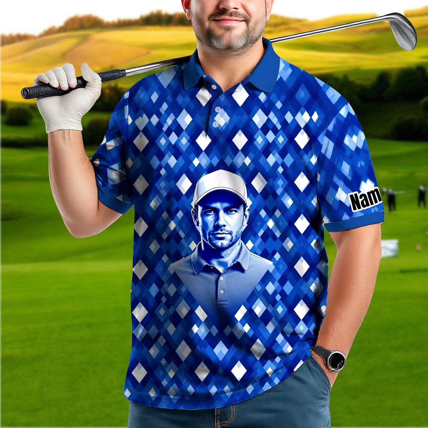 Custom Face Polo Shirt – Geometric Diamond Pattern | Personalized Photo Golf Polo | Unique Gift for Him, Retro Geometric Style Shirt Style 8