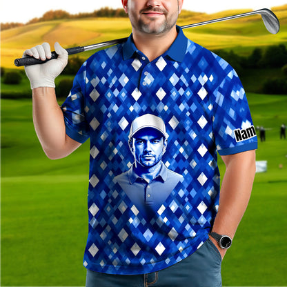 Custom Face Polo Shirt – Geometric Diamond Pattern | Personalized Photo Golf Polo | Unique Gift for Him, Retro Geometric Style Shirt Style 8