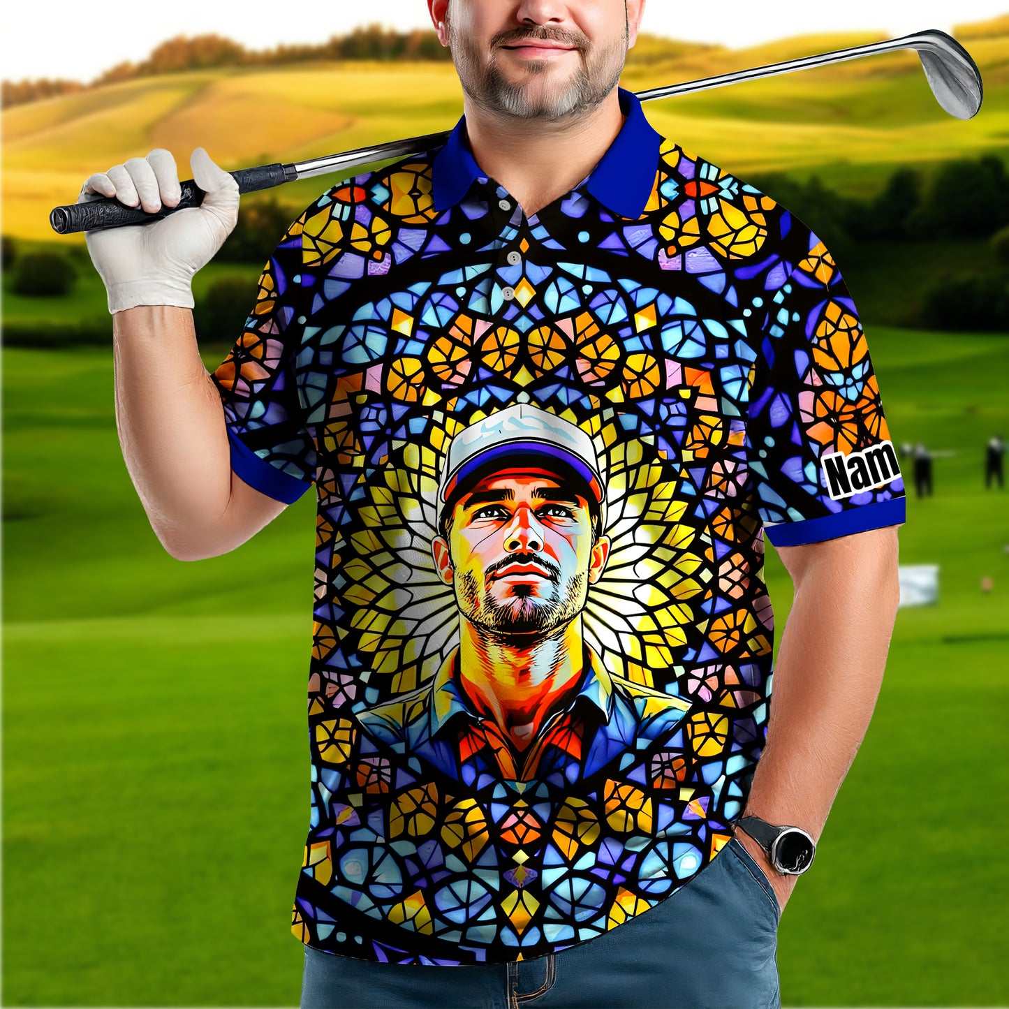 Custom Face Golf Polo Shirt – Personalized Stained Glass Mandala Style Polo, Unique Gift for Men & Women, Vibrant Artistic Golf Shirt, Custom Photo Polo
