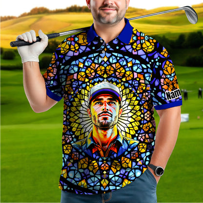 Custom Face Golf Polo Shirt – Personalized Stained Glass Mandala Style Polo, Unique Gift for Men & Women, Vibrant Artistic Golf Shirt, Custom Photo Polo