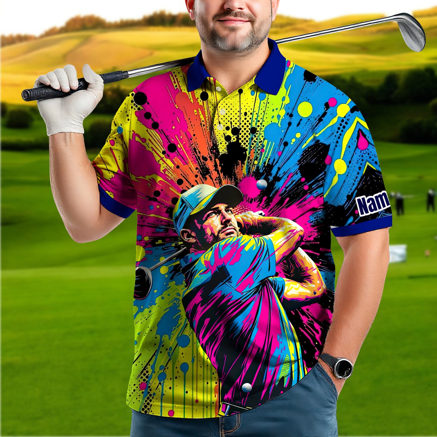 HomyGifts Men's Customized Face Artistic Golf Polo Shirt, Personalized Pop Art Golf Polo, Portrait Gift for Golfers Style 7