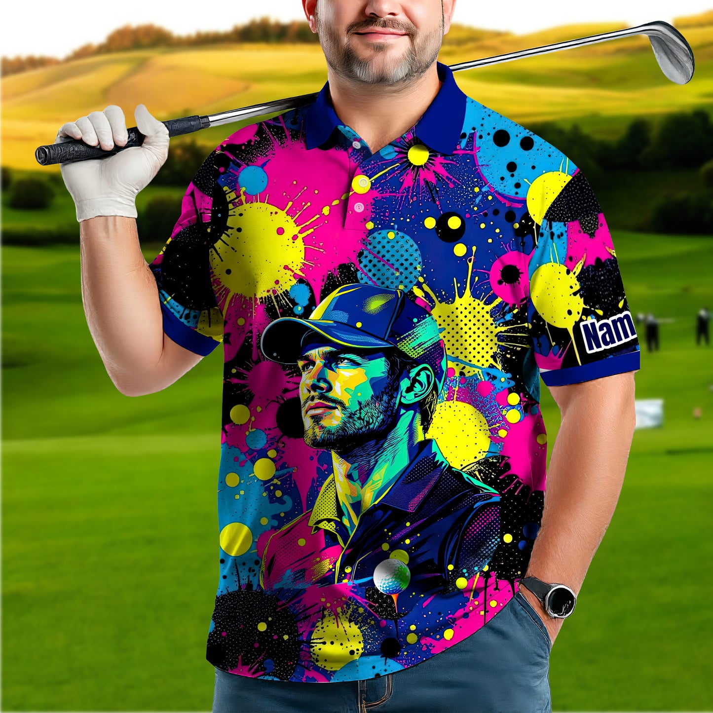 HomyGifts Men's Customized Face Artistic Golf Polo Shirt, Personalized Pop Art Golf Polo, Portrait Gift for Golfers Style 2