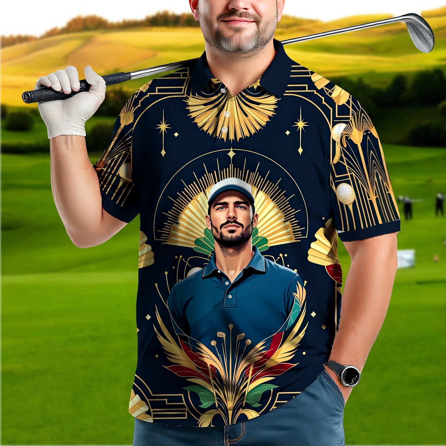 Custom Face Golf Polo Shirt – Swing in Gold Art Deco Revival Style | Personalized Golf Shirt for Men Style 1