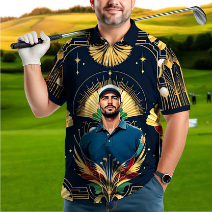 Custom Face Golf Polo Shirt – Swing in Gold Art Deco Revival Style | Personalized Golf Shirt for Men Style 1