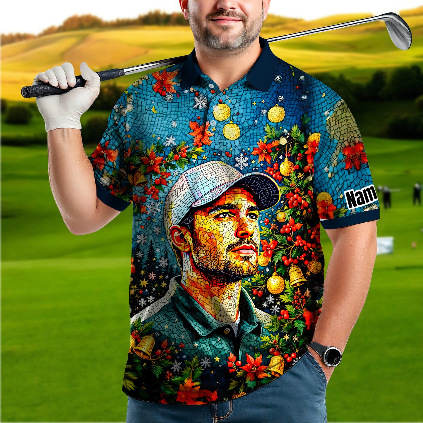 Personalized Christmas Golf Polo Shirt with Your Face – Custom Photo Holiday Shirt – Unique Mosaic Art Xmas Gift for Men, Custom Golf Apparel Style 3