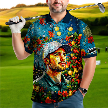Personalized Christmas Golf Polo Shirt with Your Face – Custom Photo Holiday Shirt – Unique Mosaic Art Xmas Gift for Men, Custom Golf Apparel Style 3