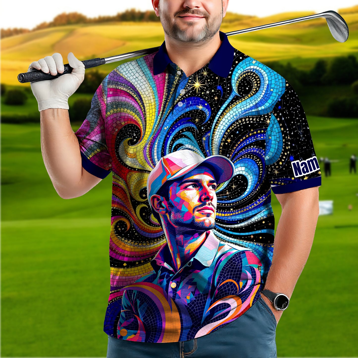 HomyGifts Men's Customized Face Artistic Golf Polo Shirt, Mosaic Art Style, Unique Personalized Golf Polo For Men