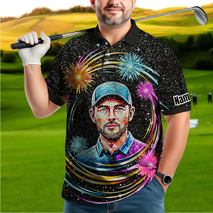 Custom Face Golf Polo Shirt – New Year Fireworks Edition | Personalized Golf Polo | Unique Holiday Gift for Him 2025 Style 5