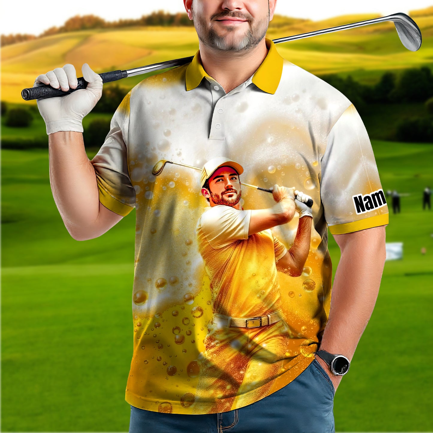 HomyGifts Men's Customized Face Artistic Golf Polo Shirt, Beer pattern Design, Special Gift for Beer & Golf Lovers, Summer Party Outfit, Unique Gift for Men Style 14