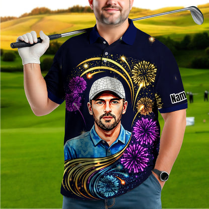 Custom Face Golf Polo Shirt – New Year Fireworks Edition | Personalized Golf Polo | Unique Holiday Gift for Him 2025 Style 6