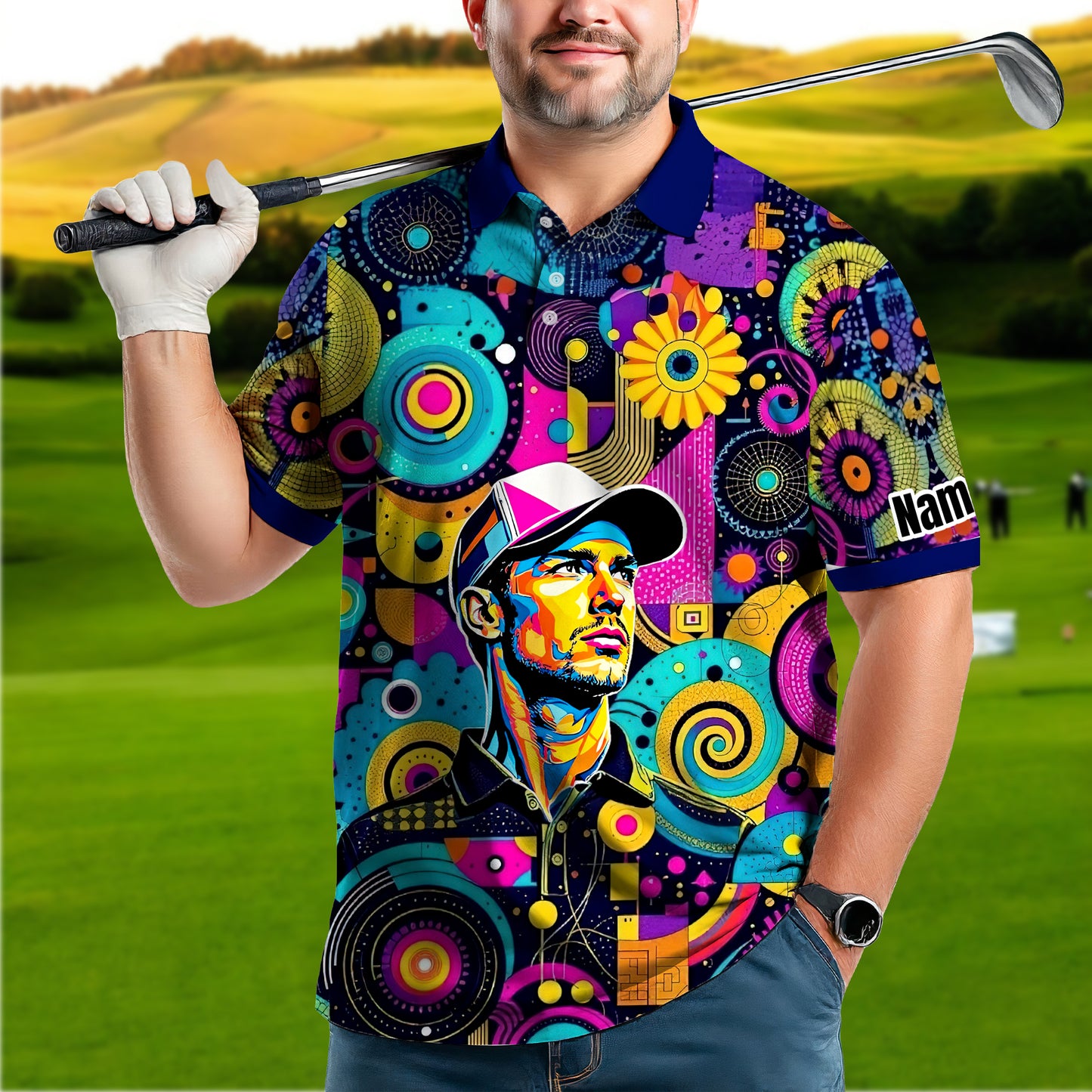 HomyGifts Custom Face Polo Shirt – Personalized Abstract Geometric Art Photo Shirt, Unique Gift for Him & Her