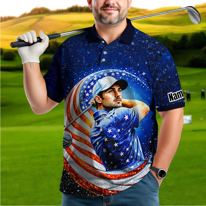 Custom Face Patriotic Golf Polo Shirt – Personalized USA Flag Design – American Pride Gift for Him – Mosaic Art Golf Shirt Style 11
