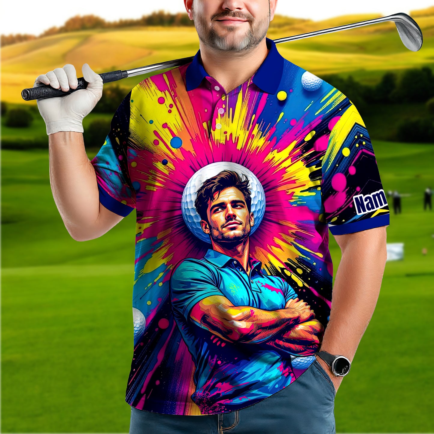 HomyGifts Men's Customized Face Artistic Golf Polo Shirt, Personalized Pop Art Golf Polo, Portrait Gift for Golfers Style 4