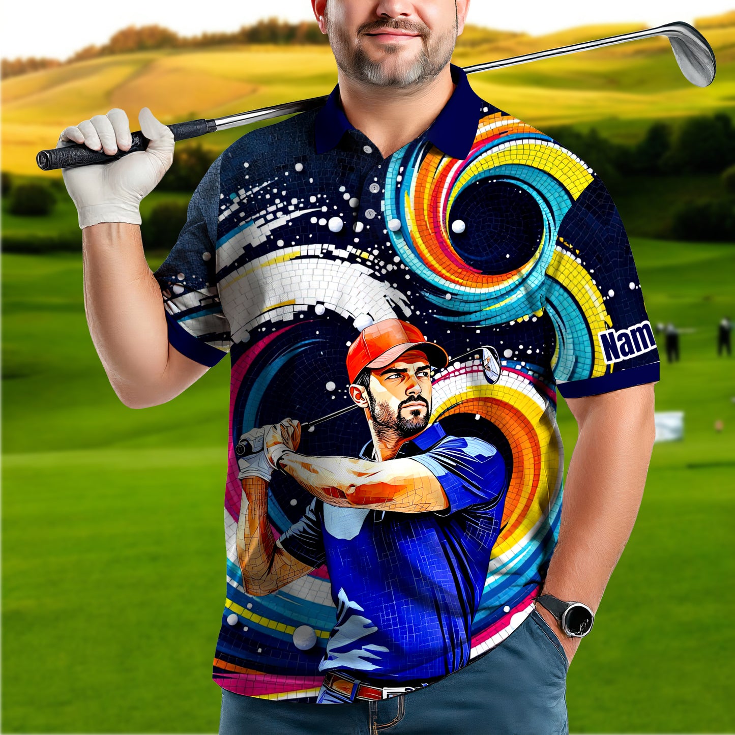 HomyGifts Men's Customized Face Artistic Golf Polo Shirt, Mosaic Art Style, Unique Personalized Golf Polo For Men Style 20