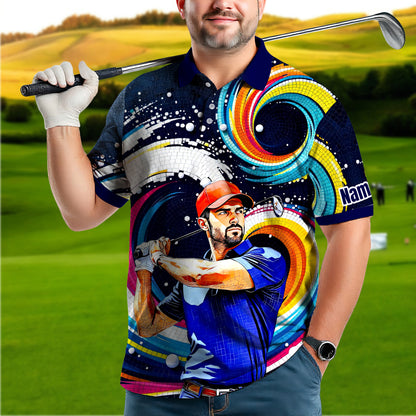 HomyGifts Men's Customized Face Artistic Golf Polo Shirt, Mosaic Art Style, Unique Personalized Golf Polo For Men Style 20
