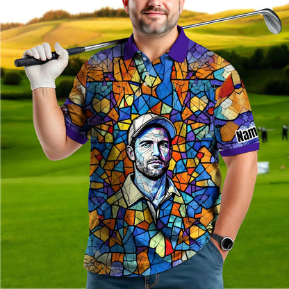Custom Face Golf Polo Shirt – Personalized Stained Glass Art Shirt, Unique Golf Gift for Him, Colorful Abstract Golf Polo, Custom Sportswear