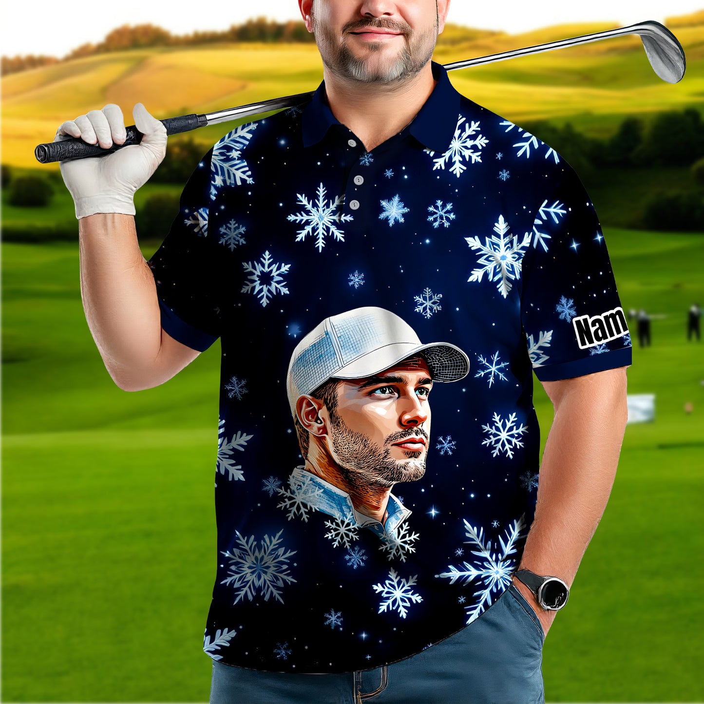 Custom Face Golf Polo Shirt – Personalized Christmas Golf Shirt for Him, Unique Holiday Gift for Golfer, Snowflake Design Golf Apparel Style 4