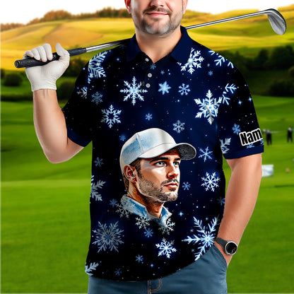 Custom Face Golf Polo Shirt – Personalized Christmas Golf Shirt for Him, Unique Holiday Gift for Golfer, Snowflake Design Golf Apparel Style 4