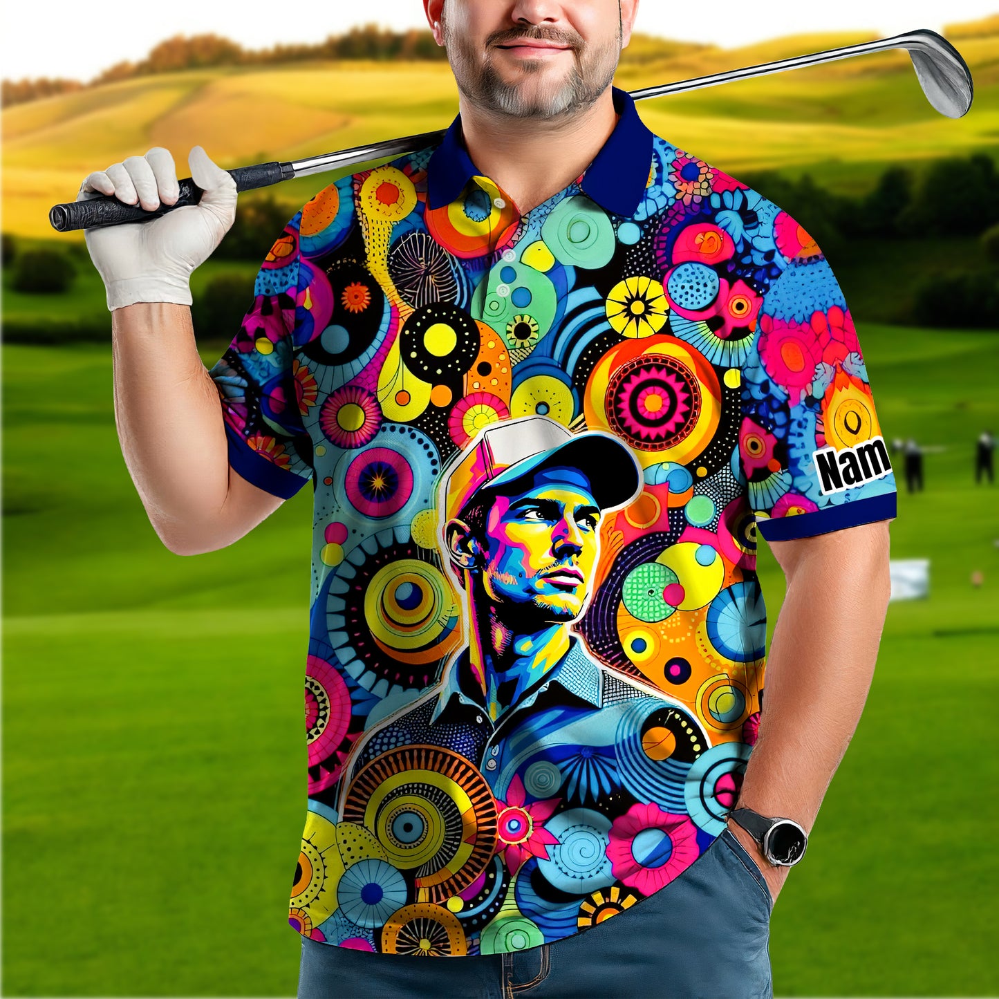 HomyGifts Custom Face Polo Shirt – Personalized Abstract Geometric Art Photo Shirt, Unique Gift for Him & Her