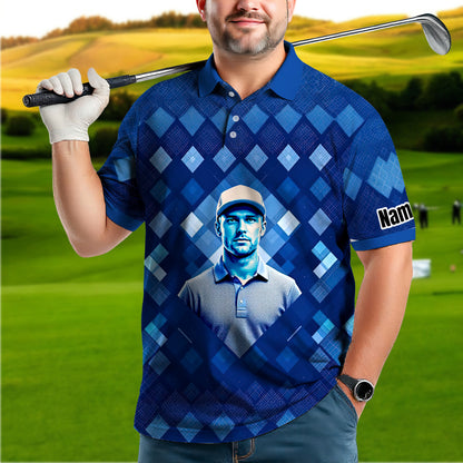 Custom Face Polo Shirt – Geometric Diamond Pattern | Personalized Photo Golf Polo | Unique Gift for Him, Retro Geometric Style Shirt Style 2