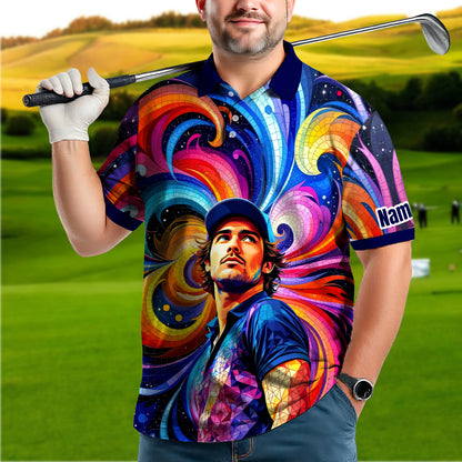 HomyGifts Men's Customized Face Artistic Golf Polo Shirt, Mosaic Art Style, Unique Personalized Golf Polo For Men
