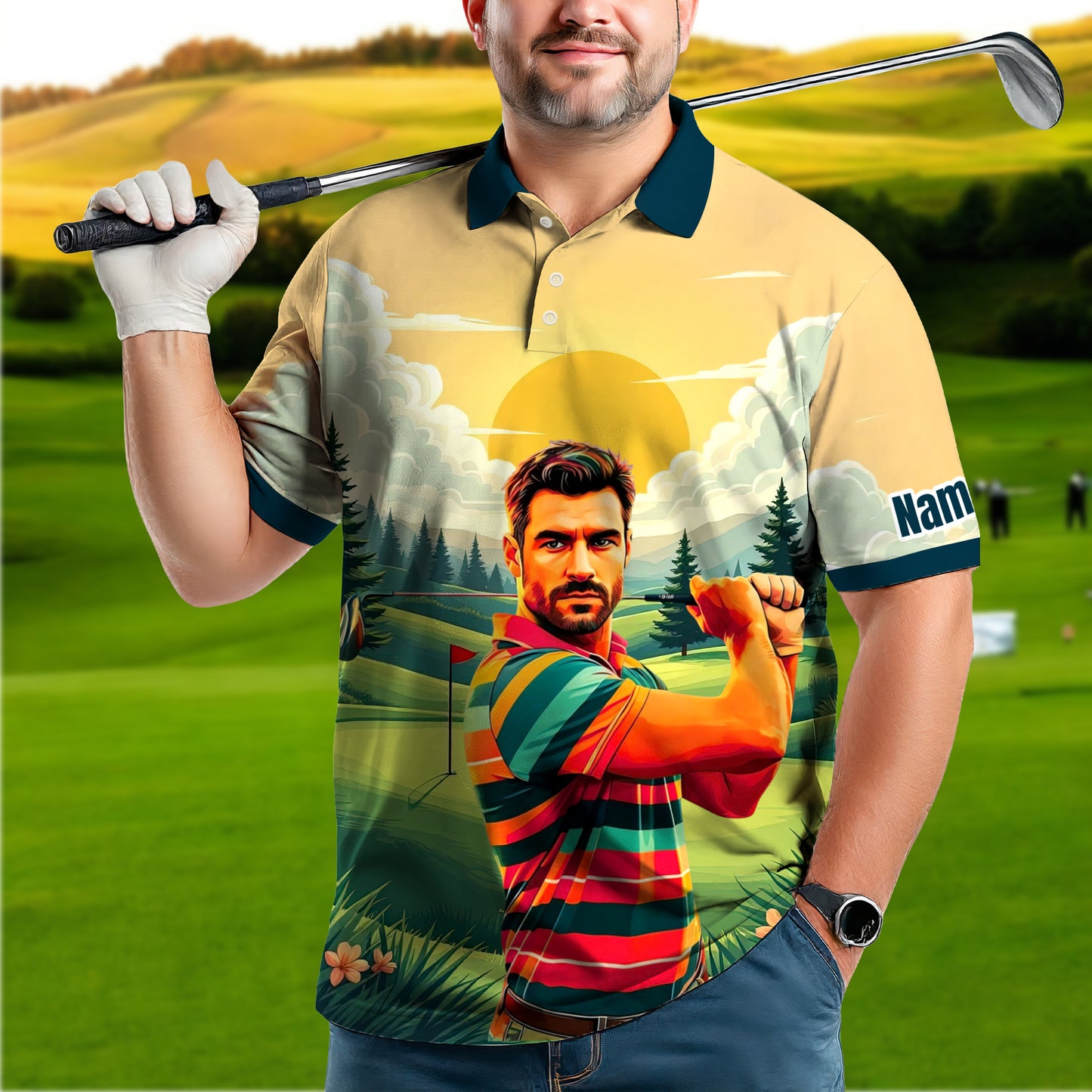 Custom Vintage Americana Golf Polo with Your Face - Retro Personalized Gift for Men Style 10