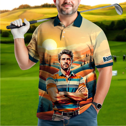 Custom Vintage Americana Golf Polo with Your Face - Retro Personalized Gift for Men Style 7