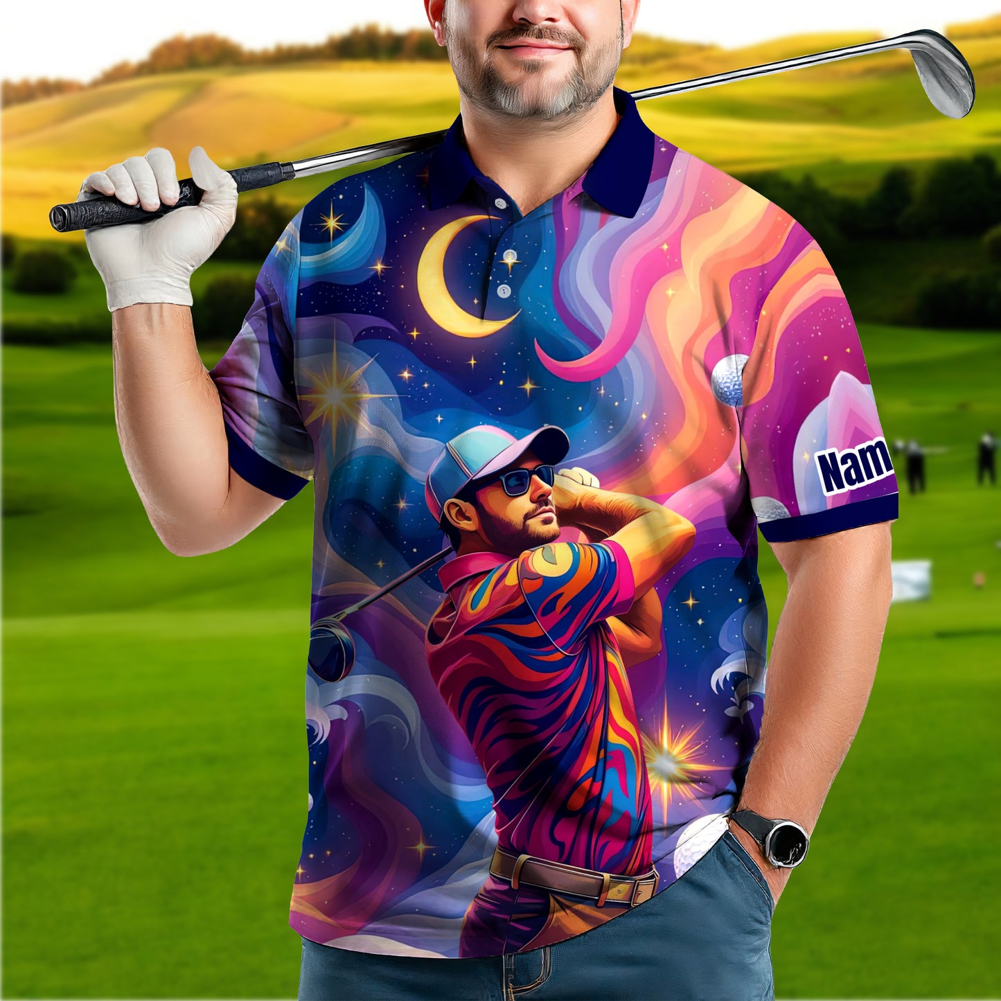 HomyGifts Men's Customized Face Artistic Golf Polo Shirt, Mosaic Art Style, Unique Personalized Golf Polo For Men Style 2