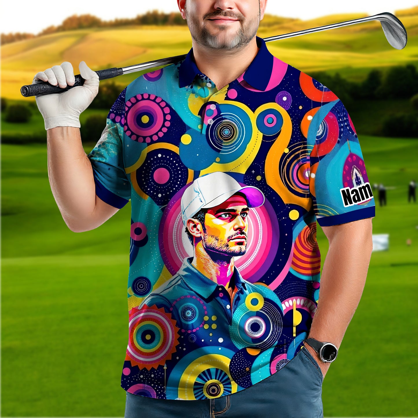 HomyGifts Custom Face Polo Shirt – Personalized Abstract Geometric Art Photo Shirt, Unique Gift for Him & Her