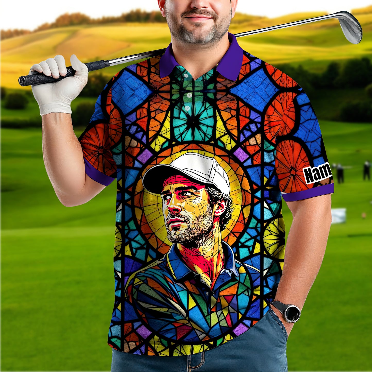 Custom Face Golf Polo Shirt – Personalized Stained Glass Art Shirt, Unique Golf Gift for Him, Colorful Abstract Golf Polo, Custom Sportswear