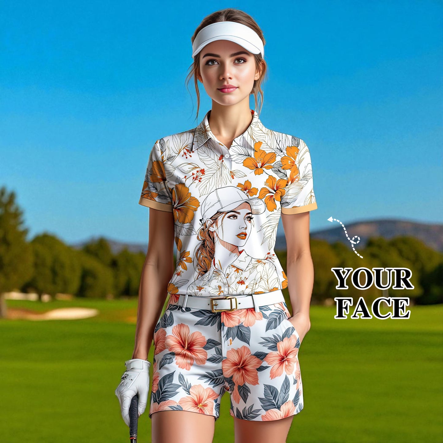 Women’s Custom Face Hibiscus Polo Shirt – Personalized Tropical Floral Polo, Unique Gift for Her, Stylish Custom Golf & Casual Wear Style 1