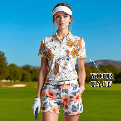 Women’s Custom Face Hibiscus Polo Shirt – Personalized Tropical Floral Polo, Unique Gift for Her, Stylish Custom Golf & Casual Wear Style 1