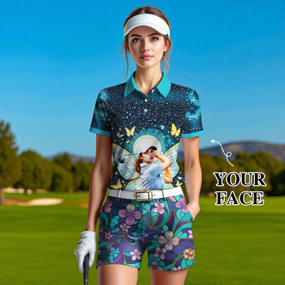 Custom Face Women’s Golf Polo Shirt – Spring Butterfly Mirage Art | Personalized Floral Fantasy Sports Shirt for Golfers Style 6