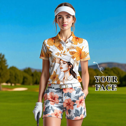 Women’s Custom Face Hibiscus Polo Shirt – Personalized Tropical Floral Polo, Unique Gift for Her, Stylish Custom Golf & Casual Wear Style 10
