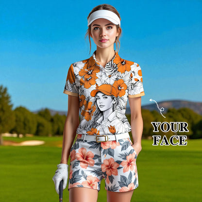 Women’s Custom Face Hibiscus Polo Shirt – Personalized Tropical Floral Polo, Unique Gift for Her, Stylish Custom Golf & Casual Wear Style 2