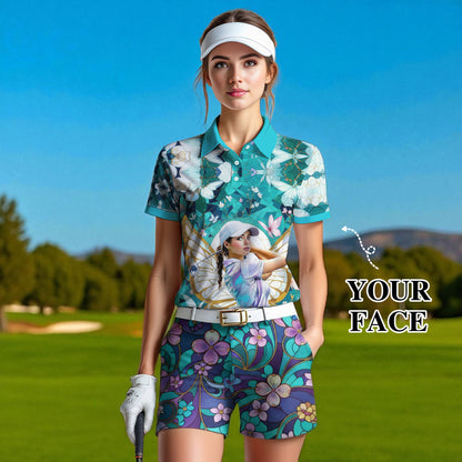 Custom Face Women’s Golf Polo Shirt – Spring Butterfly Mirage Art | Personalized Floral Fantasy Sports Shirt for Golfers Style 7