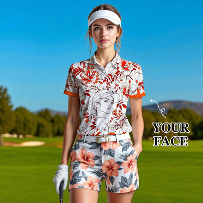 Women’s Custom Face Hibiscus Polo Shirt – Personalized Tropical Floral Polo, Unique Gift for Her, Stylish Custom Golf & Casual Wear Style 6